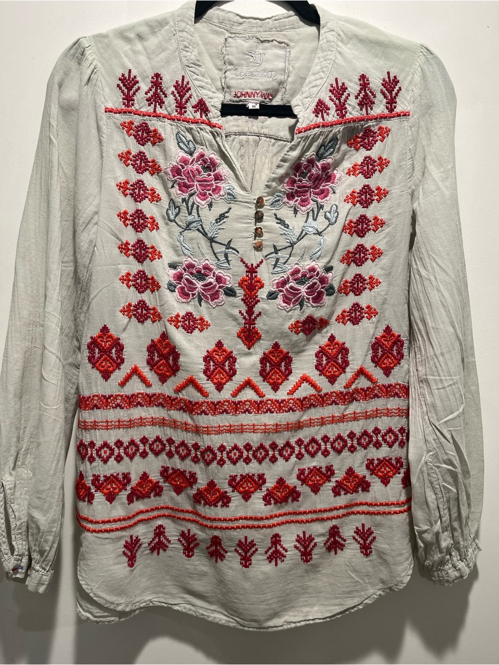 Johnny Was Ivory Tunic with Pink Rose & Red Embroidery